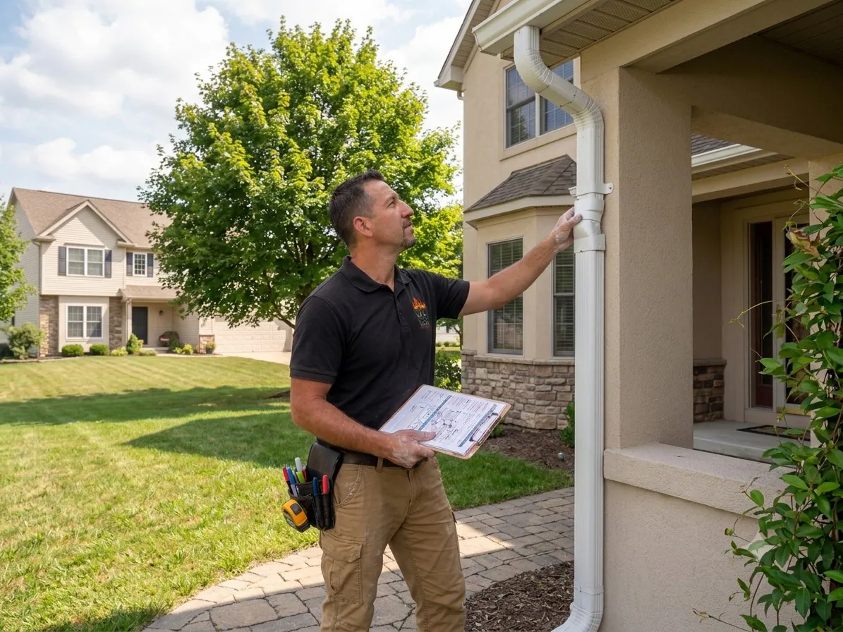 Inspector checking a downspout and gutter system from ground level