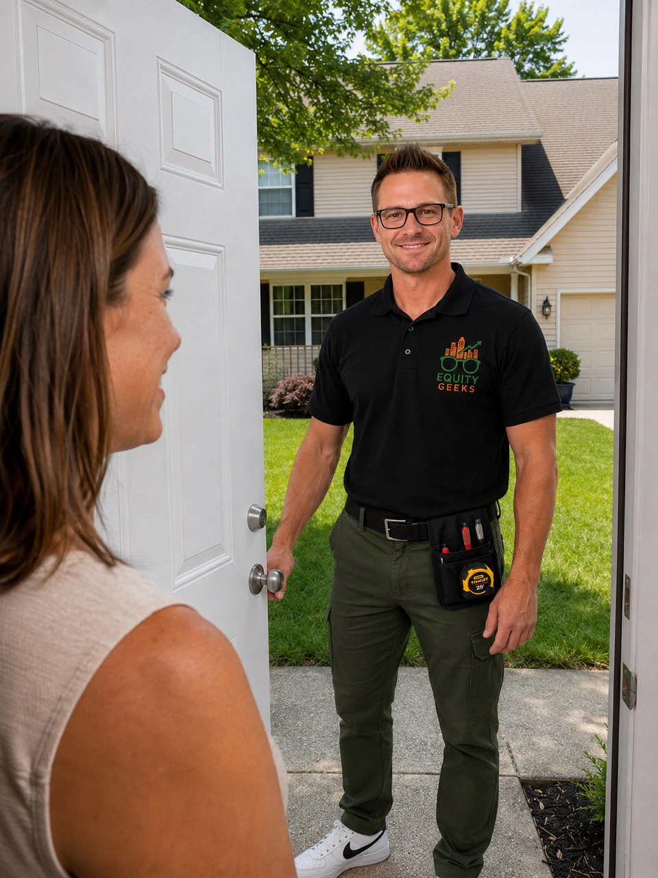 Equity Geeks inspector greeting a homeowner at the front door