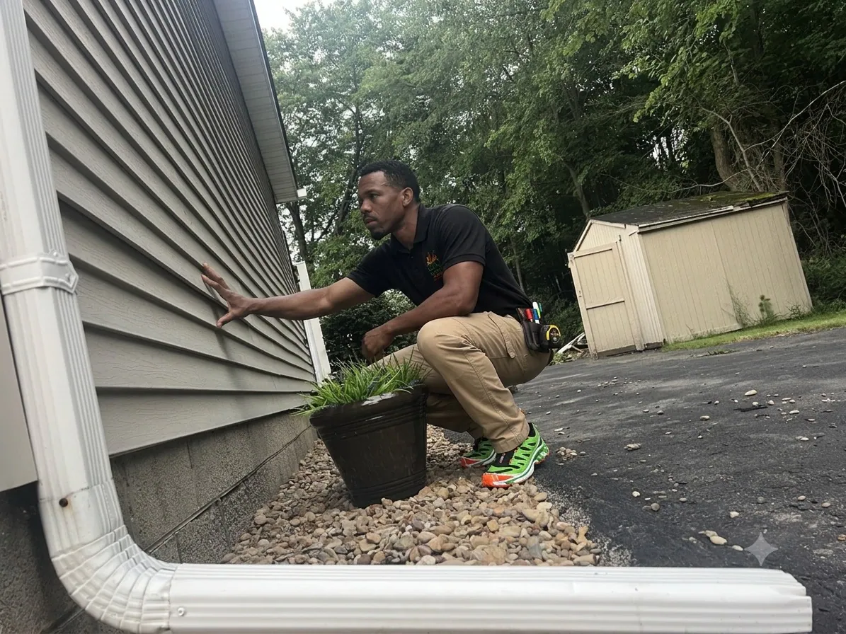 Inspector checking siding and the foundation transition from ground level